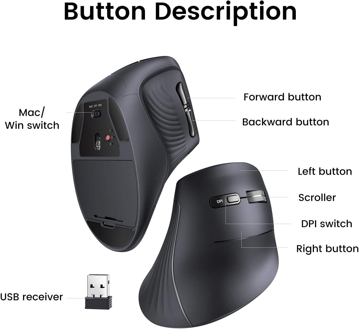 Ergonomic Mouse Vertical - UGREEN MU008 垂直ワイヤレス Bluetooth マウス人間工学に基づいた 5