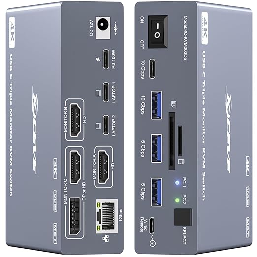 Docking Station Usb C - USB C KVMスイッチ 3モニター 2台のラップトップ 4K@60Hz対応、Displaylink