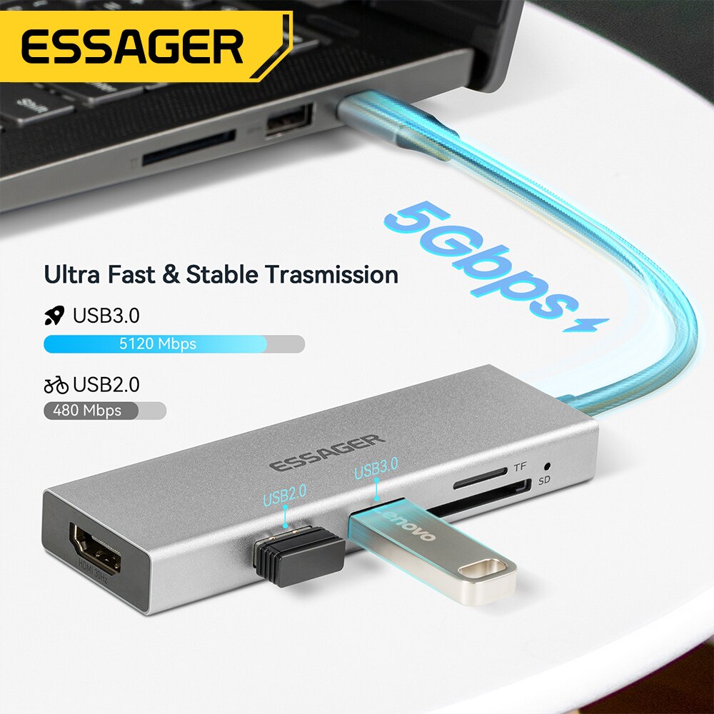 Essager 5 in 1 USB cハブHDMI-4Kド - Docking Station Usb C のレビューと価格